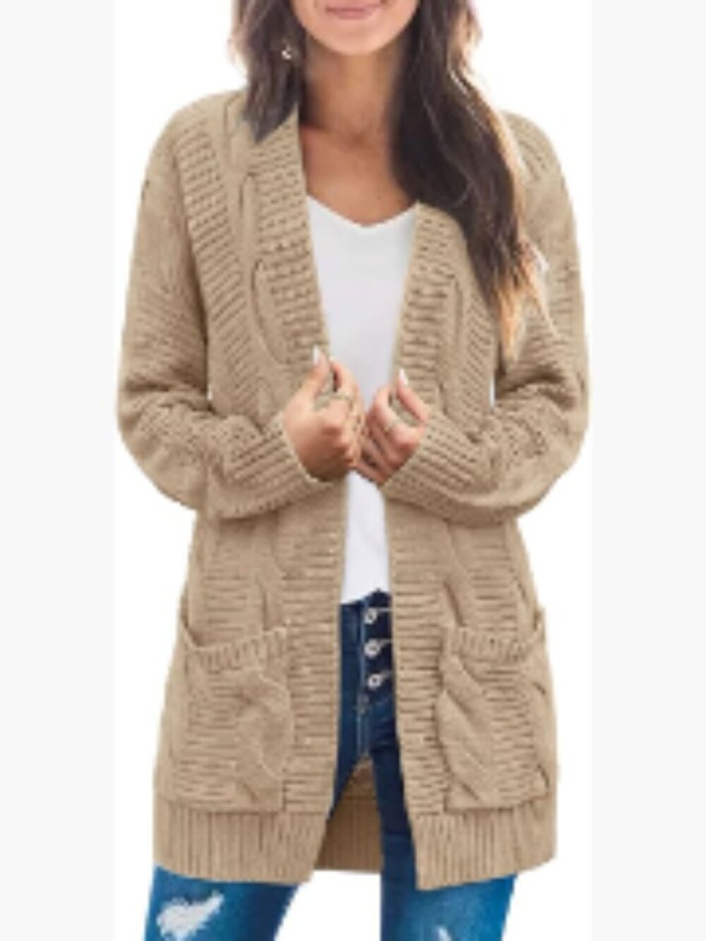 Long Sleeve Cable Knit Cardigan Open Front Sweater Coat Pockets Loose Chunky